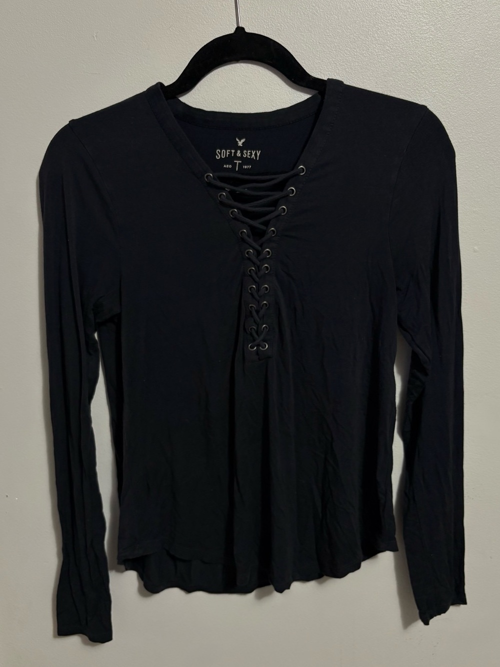 American Eagle Black Lace-Up Long Sleeve Top